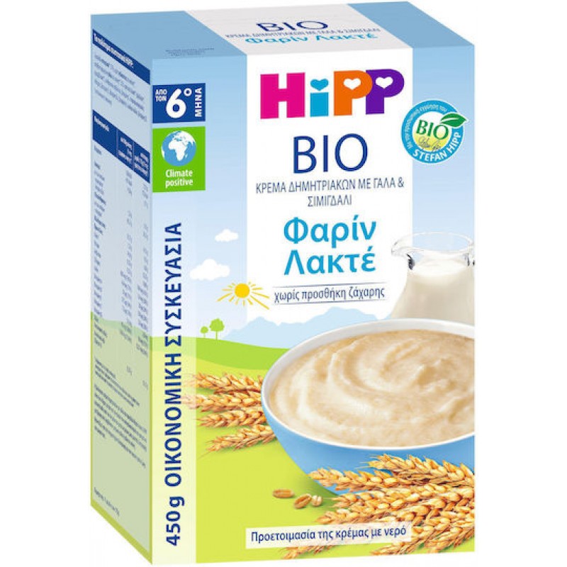 Hipp Βρεφική Κρέμα Bio Φαρίν Λακτέ Δημητριακά με Γάλα και Σιμιγδάλι 6m+ 450gr.