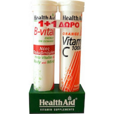 Health Aid B-Vital & Vitamin C Πολυβιταμίνη B-Vital 20 αναβράζοντα δισκία & Vitamin C 1000mg γεύση Πορτοκάλι 20 αναβράζοντα δισκία για Ενέργεια & Ενίσχυση του Ανοσοποιητικού 1000mg Πορτοκάλι