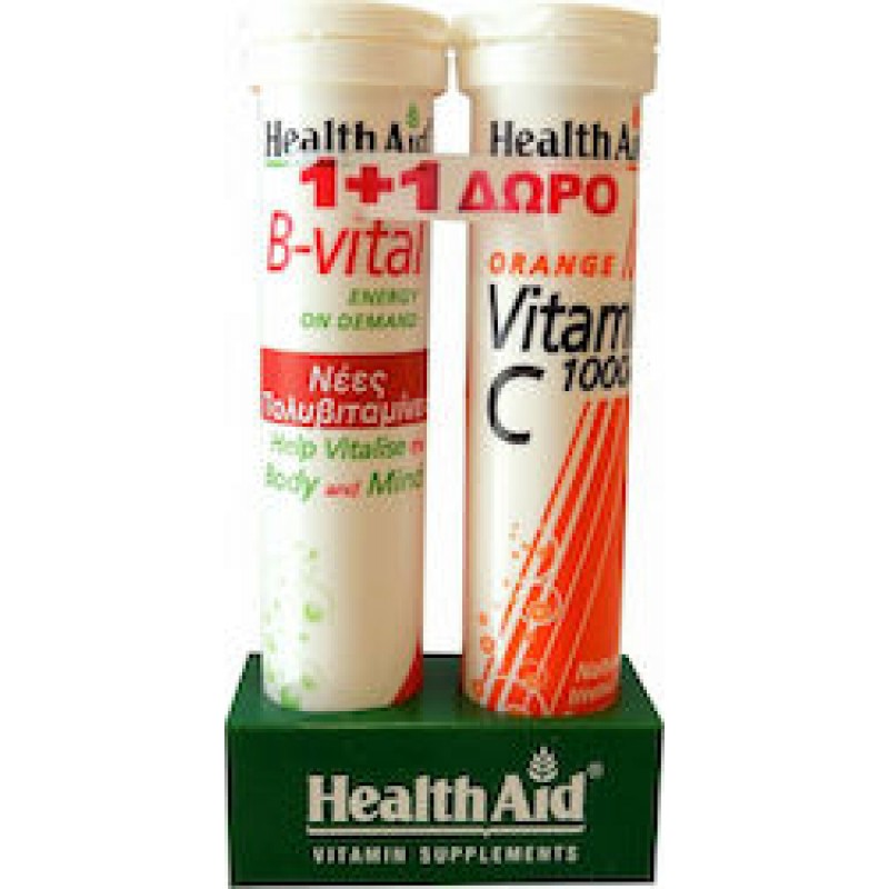 Health Aid B-Vital & Vitamin C Πολυβιταμίνη B-Vital 20 αναβράζοντα δισκία & Vitamin C 1000mg γεύση Πορτοκάλι 20 αναβράζοντα δισκία για Ενέργεια & Ενίσχυση του Ανοσοποιητικού 1000mg Πορτοκάλι