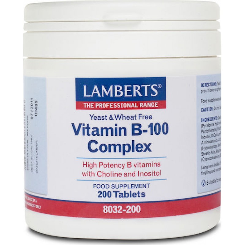 Lamberts Vitamin B-100 Complex Βιταμίνη για Ενέργεια, Ενίσχυση του Ανοσοποιητικού & το Νευρικό Σύστημα 200 ταμπλέτες