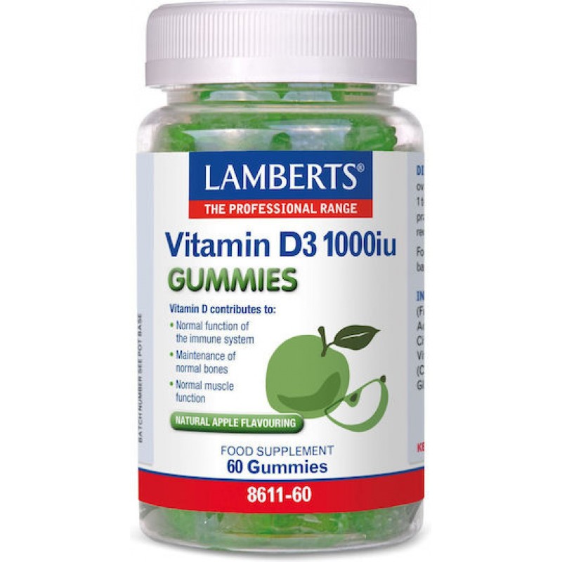 Lamberts Vitamin D3 Βιταμίνη για Ενίσχυση του Ανοσοποιητικού & την Υγεία των Οστών 1000iu Μήλο 60 ζελεδάκια