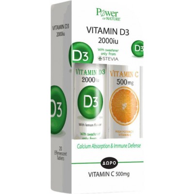 Power Of Nature Vitamin D3 & Vitamin C 500mg Πολυβιταμίνη για Ενίσχυση του Ανοσοποιητικού & την Υγεία των Οστών 2000iu Πορτοκάλι 40 αναβράζοντα δισκία
