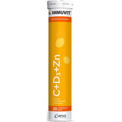 Leriva Pharma Immuvit C+D3+Zn Βιταμίνη για Ενίσχυση του Ανοσοποιητικού & την Υγεία των Οστών Λεμόνι 20 αναβράζοντα δισκία