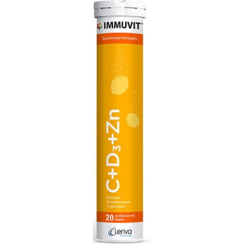 Leriva Pharma Immuvit C+D3+Zn Βιταμίνη για Ενίσχυση του Ανοσοποιητικού & την Υγεία των Οστών Λεμόνι 20 αναβράζοντα δισκία