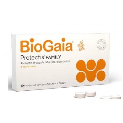 BioGaia ProTectis Family Συμπλήρωμα με Προβιοτικά για Ενήλικες και Παιδιά 10 μασώμενες ταμπλέτες Λεμόνι
