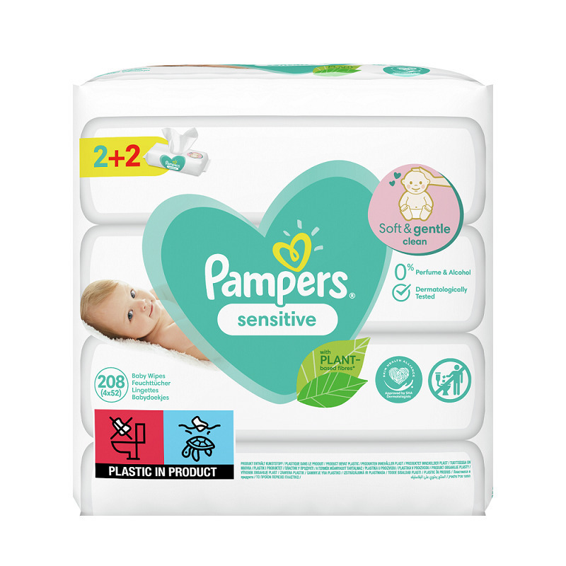 Pampers Sensitive Μωρομάντηλα Χωρίς Οινόπνευμα & Άρωμα 4x52τμχ