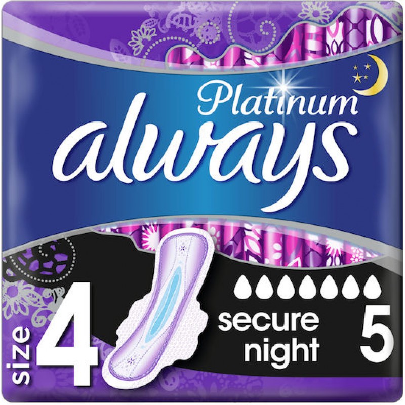 Always Platinum Secure Night Σερβιέτες με Φτερά Νυκτός για Αυξημένη Ροή 7 Σταγόνες Μέγεθος 4 5τμχ