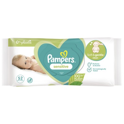 Pampers Sensitive Υποαλλεργικά Μωρομάντηλα χωρίς Άρωμα, Οινόπνευμα & Parabens 52τμχ