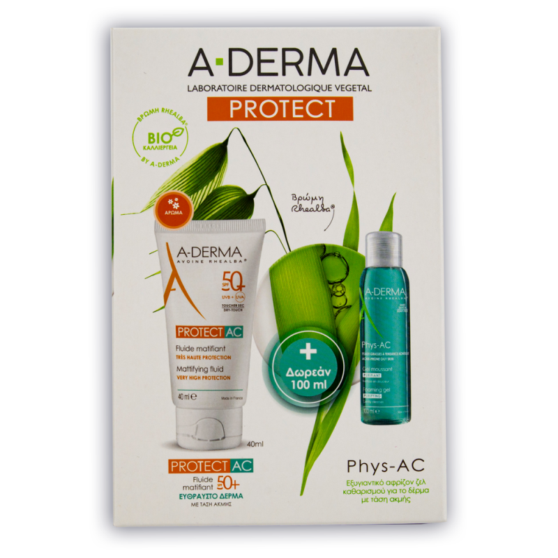 A-Derma Protect AC Λεπτόρρευστη Αντηλιακή Κρέμα SPF 50+ 40ml & Δώρο A-Derma Phys-AC Gel Καθαρισμού για Δέρμα με Τάση Ακμής 100ml