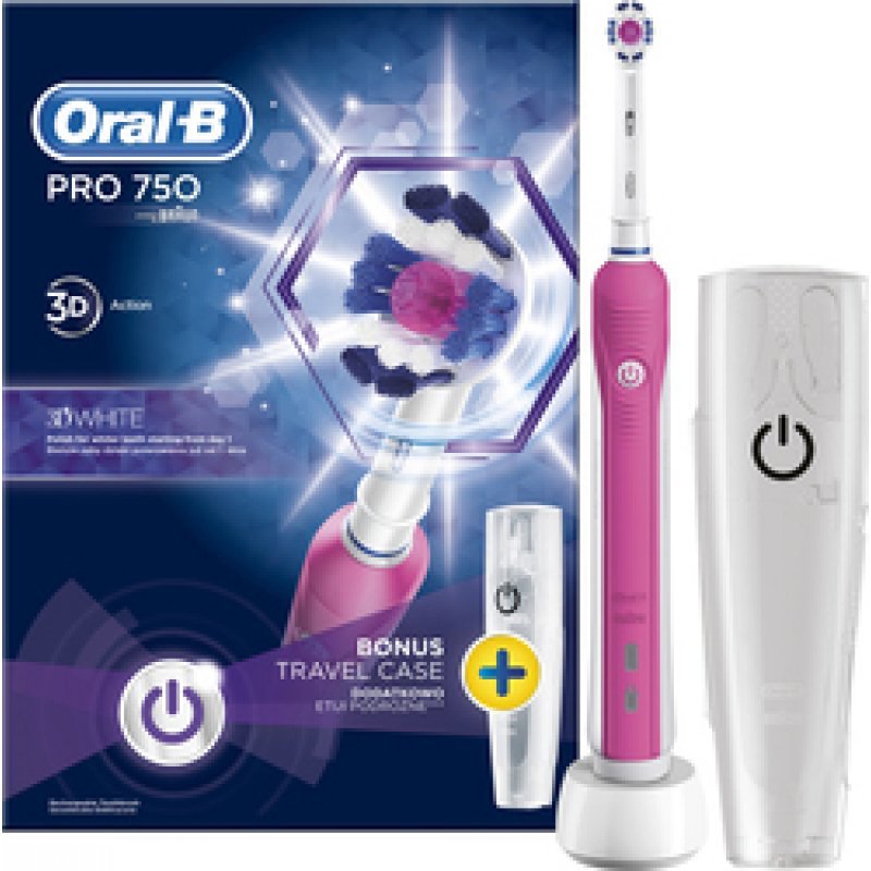 ORAL-B Pro 750 3D White Pink Colour & Bonus Travel Case